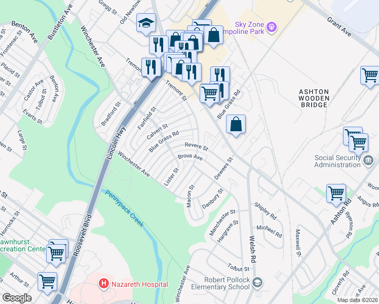 map of restaurants, bars, coffee shops, grocery stores, and more near 8928 Brous Avenue in Philadelphia