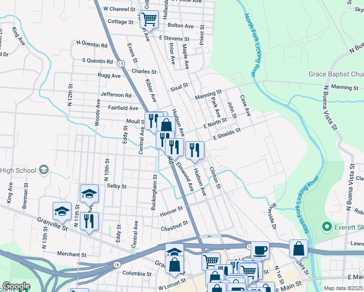 map of restaurants, bars, coffee shops, grocery stores, and more near 24 West Shields Street in Newark