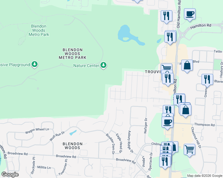 map of restaurants, bars, coffee shops, grocery stores, and more near 4034 Meadowick Drive in Columbus