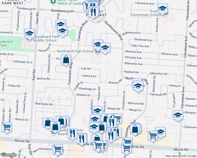 map of restaurants, bars, coffee shops, grocery stores, and more near 1944 Coghill Drive in Columbus