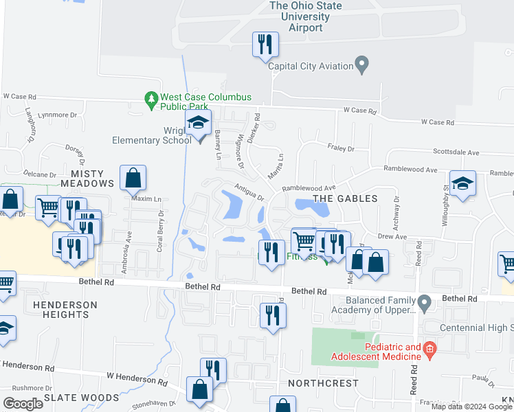 map of restaurants, bars, coffee shops, grocery stores, and more near 2145 Baneberry Court in Columbus