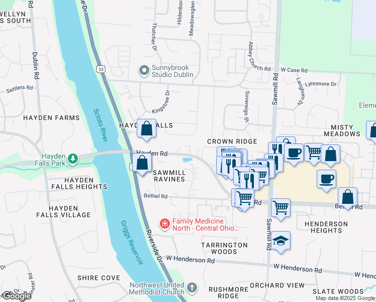 map of restaurants, bars, coffee shops, grocery stores, and more near 3080 Hayden Road in Columbus