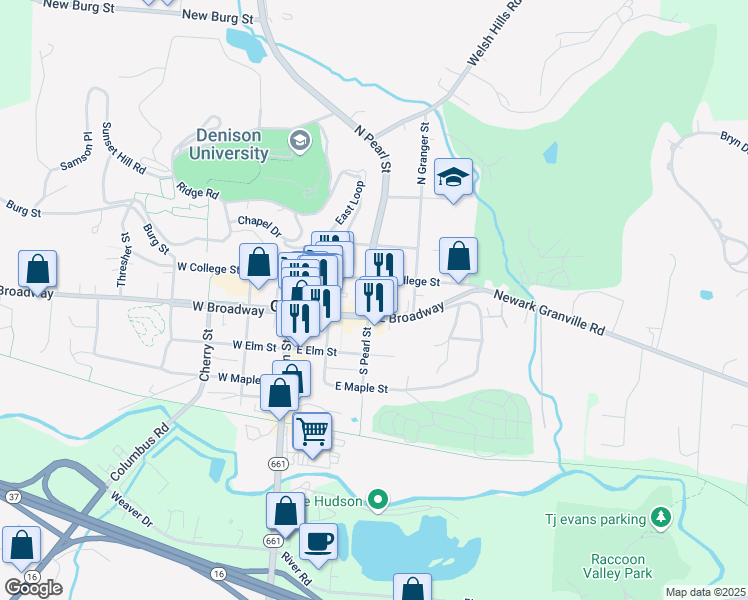 map of restaurants, bars, coffee shops, grocery stores, and more near 116 Ohio 661 in Granville