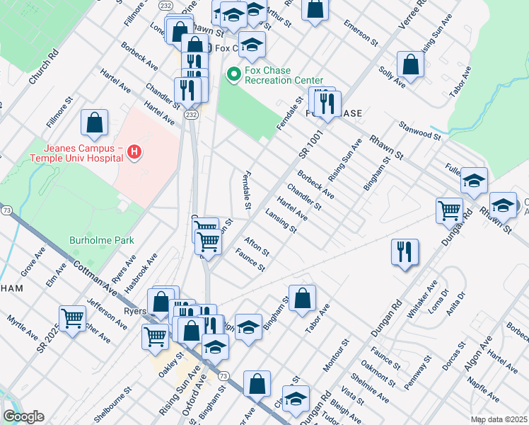 map of restaurants, bars, coffee shops, grocery stores, and more near 7715 Verree Road in Philadelphia