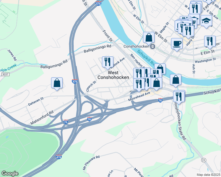 map of restaurants, bars, coffee shops, grocery stores, and more near 441 Ford Street in Conshohocken