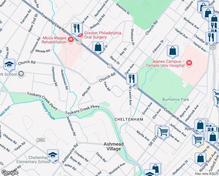 map of restaurants, bars, coffee shops, grocery stores, and more near 137 Krewson Lane in Cheltenham