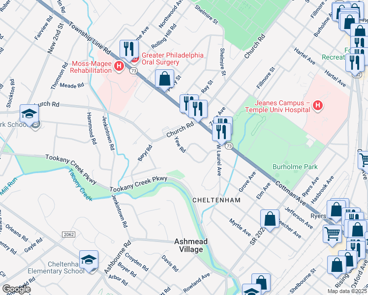 map of restaurants, bars, coffee shops, grocery stores, and more near 137 Krewson Lane in Cheltenham
