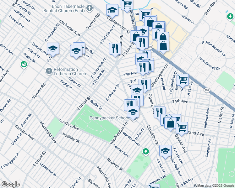 map of restaurants, bars, coffee shops, grocery stores, and more near 7545 Forrest Avenue in Philadelphia