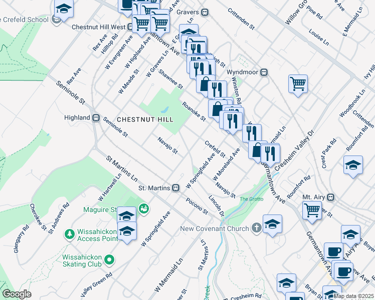 map of restaurants, bars, coffee shops, grocery stores, and more near 133 West Willow Grove Avenue in Philadelphia