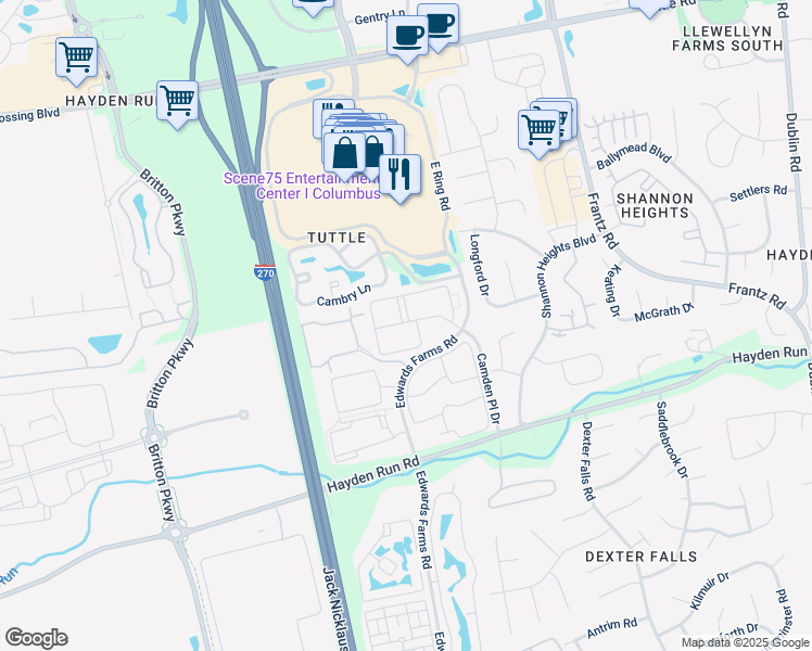 map of restaurants, bars, coffee shops, grocery stores, and more near 5591 Lincoln Center Boulevard in Dublin