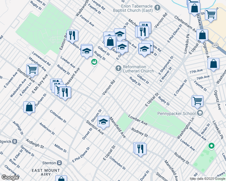map of restaurants, bars, coffee shops, grocery stores, and more near 1101 Slocum Street in Philadelphia