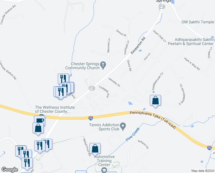 map of restaurants, bars, coffee shops, grocery stores, and more near 5206 Shannon Court in Chester Springs