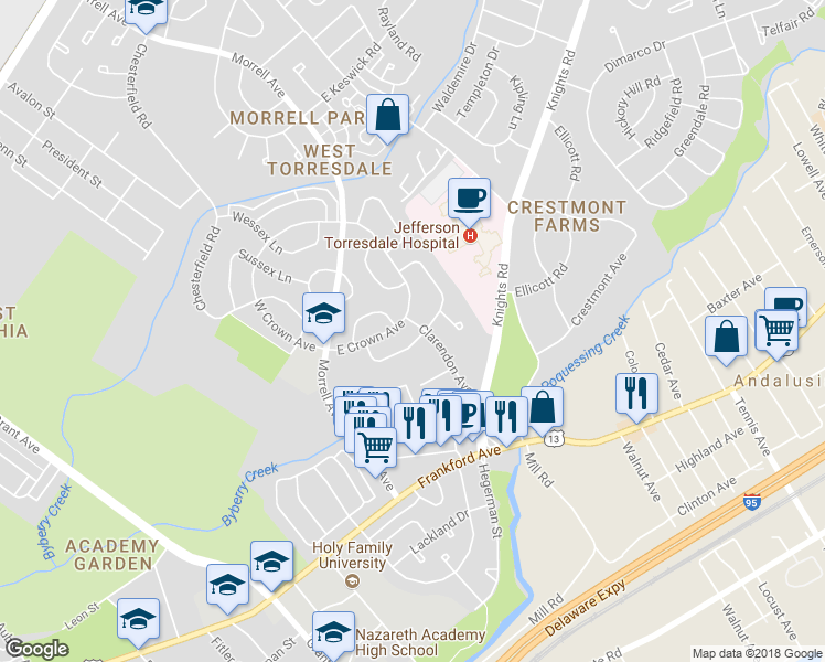 map of restaurants, bars, coffee shops, grocery stores, and more near 3710 Clarendon Avenue in Philadelphia