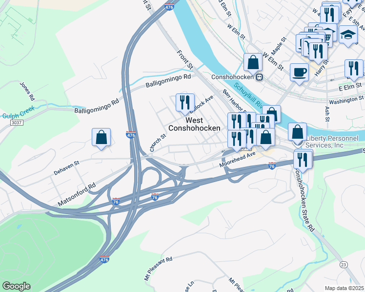 map of restaurants, bars, coffee shops, grocery stores, and more near 509 Ford Street in Conshohocken
