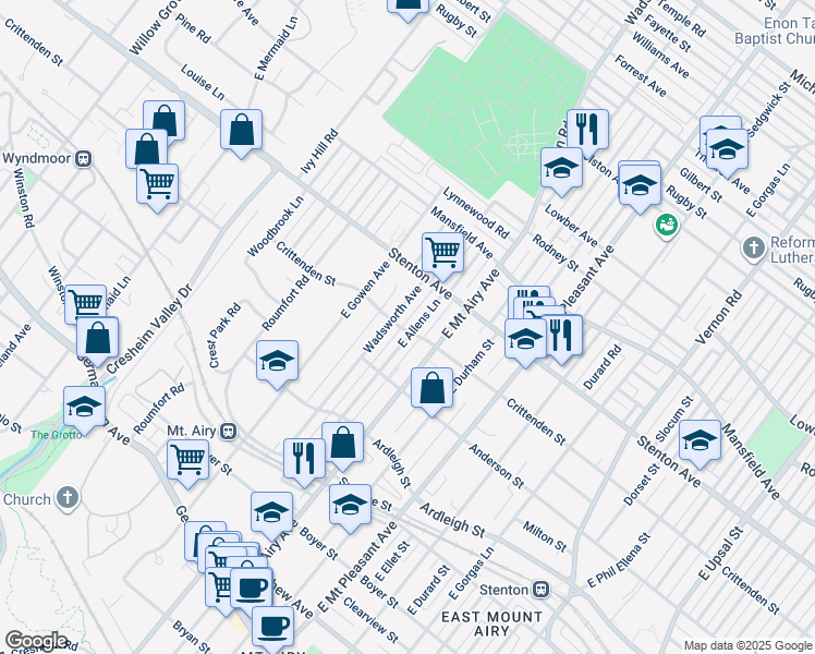 map of restaurants, bars, coffee shops, grocery stores, and more near 601 East Allens Lane in Philadelphia
