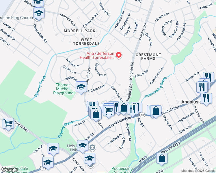 map of restaurants, bars, coffee shops, grocery stores, and more near 3710 Clarendon Avenue in Philadelphia