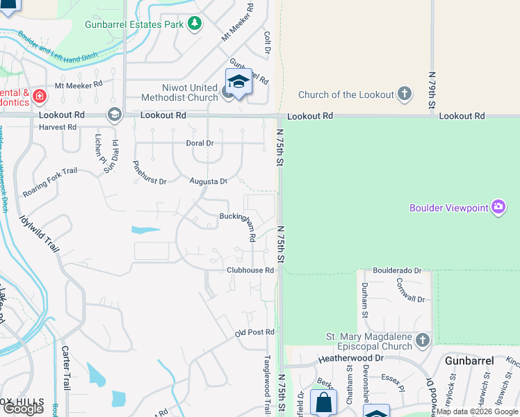 map of restaurants, bars, coffee shops, grocery stores, and more near 7441 Singing Hills Court in Boulder