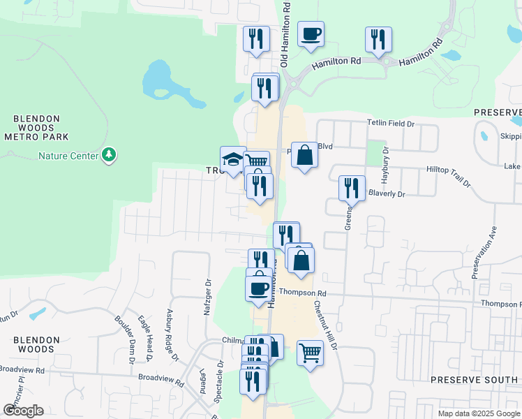 map of restaurants, bars, coffee shops, grocery stores, and more near 5451 North Hamilton Road in Gahanna