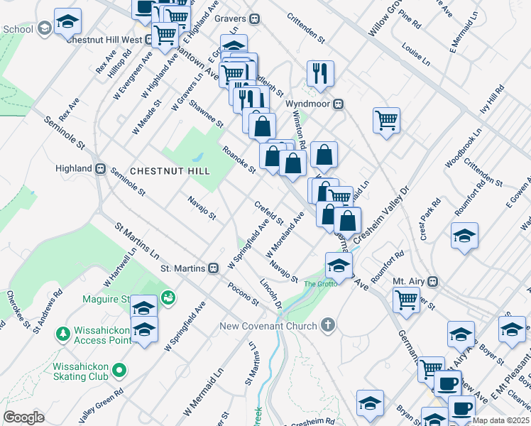 map of restaurants, bars, coffee shops, grocery stores, and more near 101 West Springfield Avenue in Philadelphia