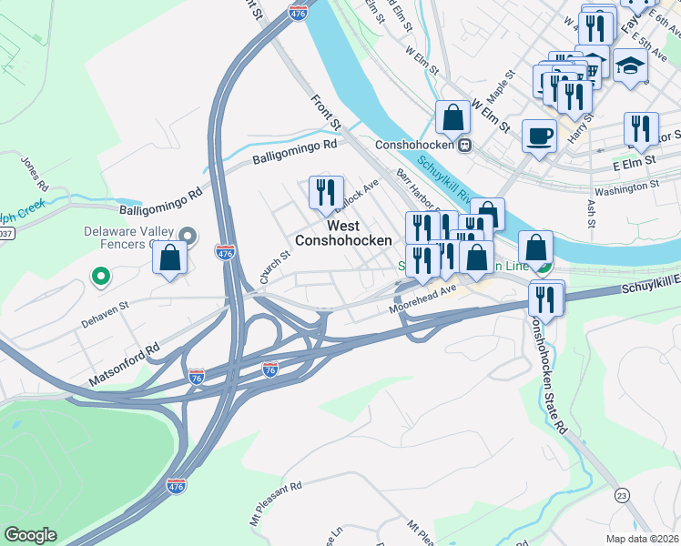 map of restaurants, bars, coffee shops, grocery stores, and more near 7 Elizabeth Street in Conshohocken