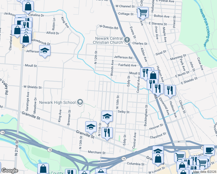 map of restaurants, bars, coffee shops, grocery stores, and more near 389 Woods Avenue in Newark