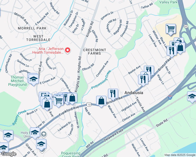 map of restaurants, bars, coffee shops, grocery stores, and more near 10815 Crestmont Avenue in Philadelphia