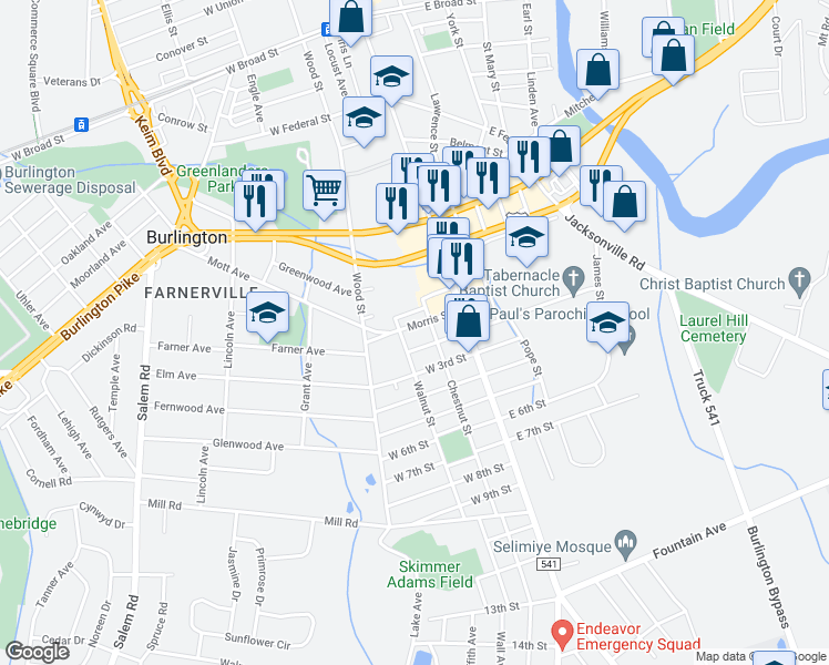 map of restaurants, bars, coffee shops, grocery stores, and more near 42 Morris Avenue in Burlington