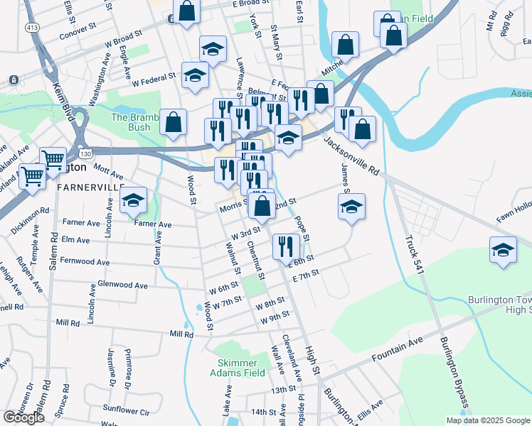 map of restaurants, bars, coffee shops, grocery stores, and more near 801 High Street in Burlington