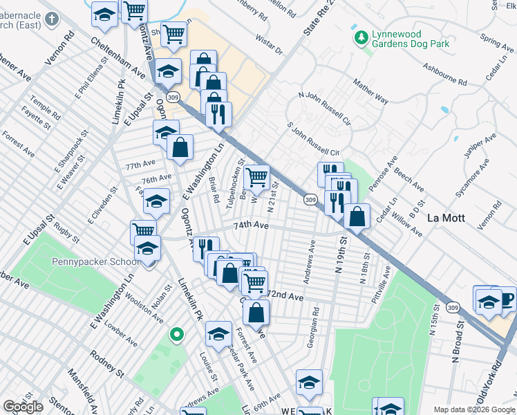 map of restaurants, bars, coffee shops, grocery stores, and more near 7424 North 21st Street in Philadelphia