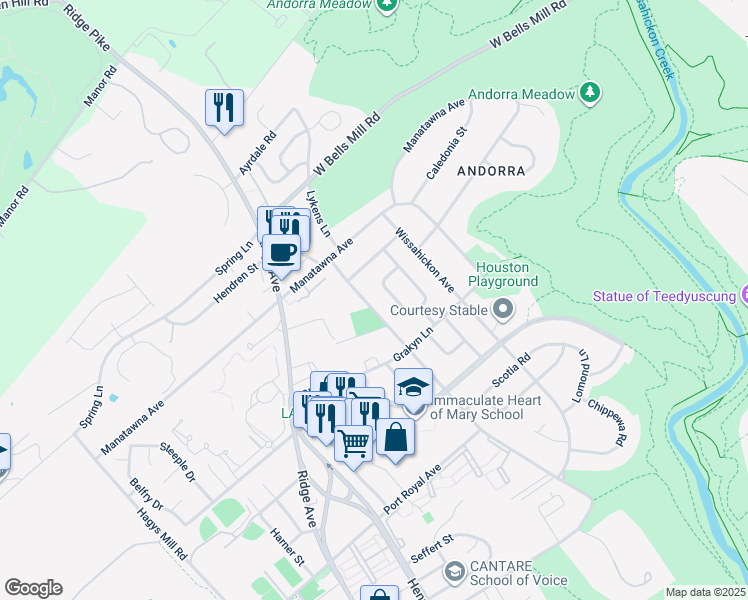map of restaurants, bars, coffee shops, grocery stores, and more near 8725 Old Line Road in Philadelphia