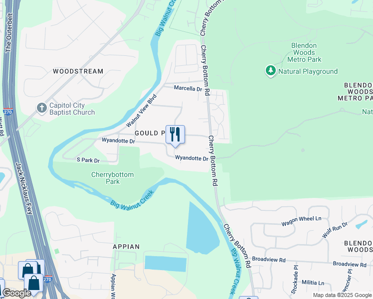 map of restaurants, bars, coffee shops, grocery stores, and more near 4660 Wyandotte Drive in Columbus