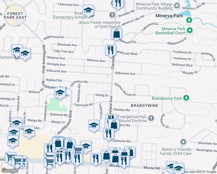 map of restaurants, bars, coffee shops, grocery stores, and more near 2440 Ottawa Drive in Columbus