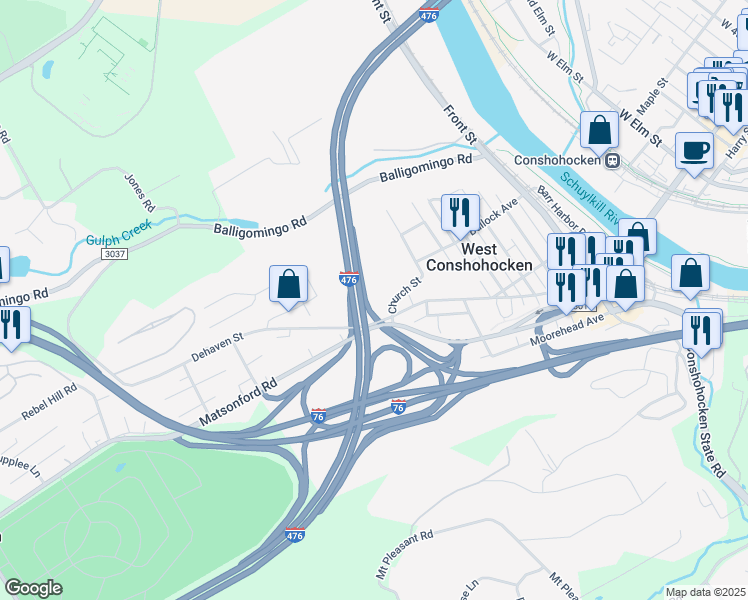 map of restaurants, bars, coffee shops, grocery stores, and more near 900 Dehaven Street in Conshohocken