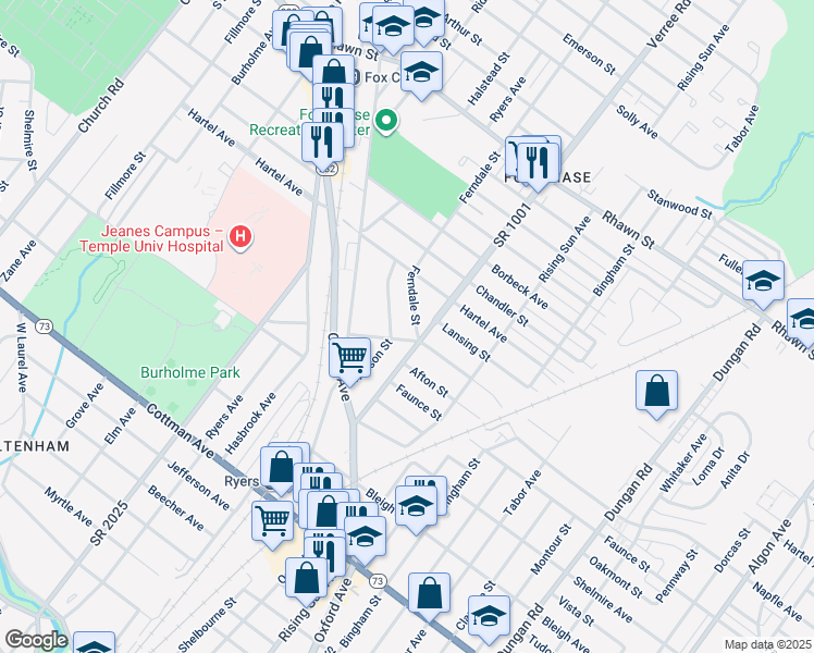 map of restaurants, bars, coffee shops, grocery stores, and more near 7708 Ferndale Street in Philadelphia