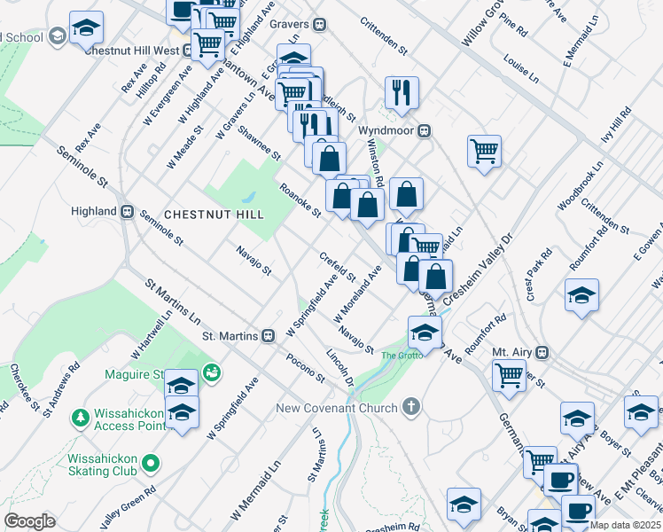 map of restaurants, bars, coffee shops, grocery stores, and more near 101 West Springfield Avenue in Philadelphia