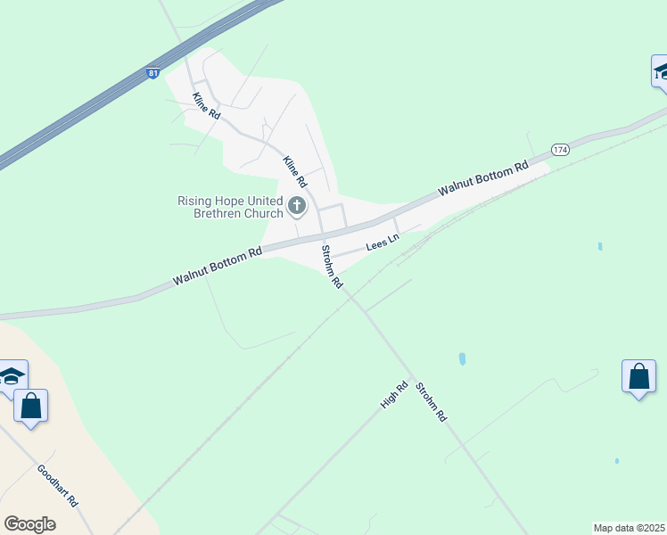 map of restaurants, bars, coffee shops, grocery stores, and more near 12 Strohm Road in Shippensburg