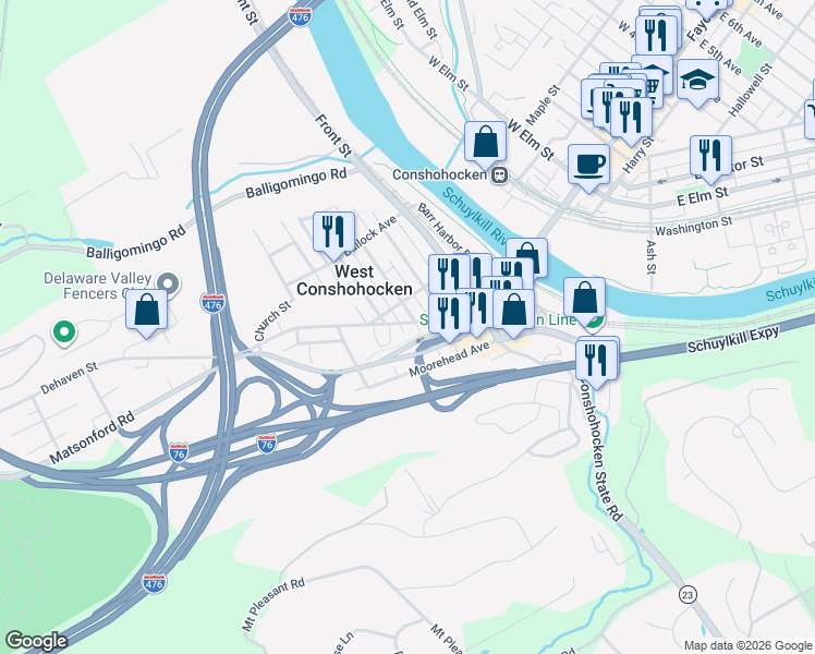 map of restaurants, bars, coffee shops, grocery stores, and more near 158 Moorehead Avenue in Conshohocken