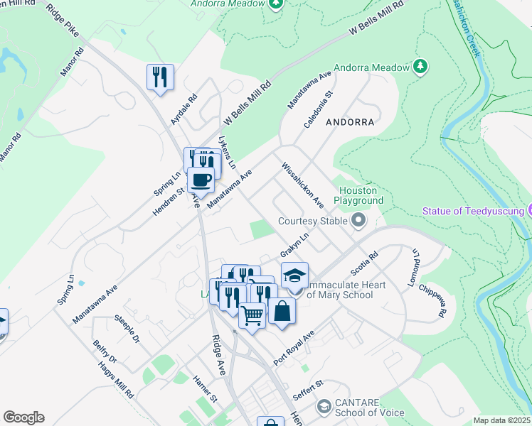 map of restaurants, bars, coffee shops, grocery stores, and more near 8725 Old Line Road in Philadelphia