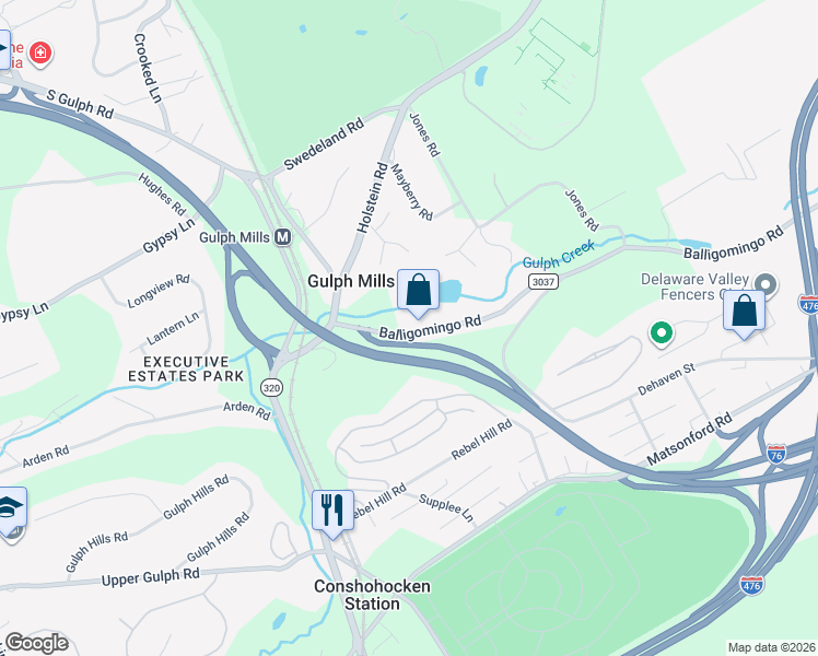 map of restaurants, bars, coffee shops, grocery stores, and more near 212 Balligomingo Road in Conshohocken