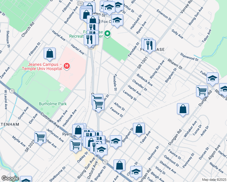 map of restaurants, bars, coffee shops, grocery stores, and more near 7708 Ferndale Street in Philadelphia