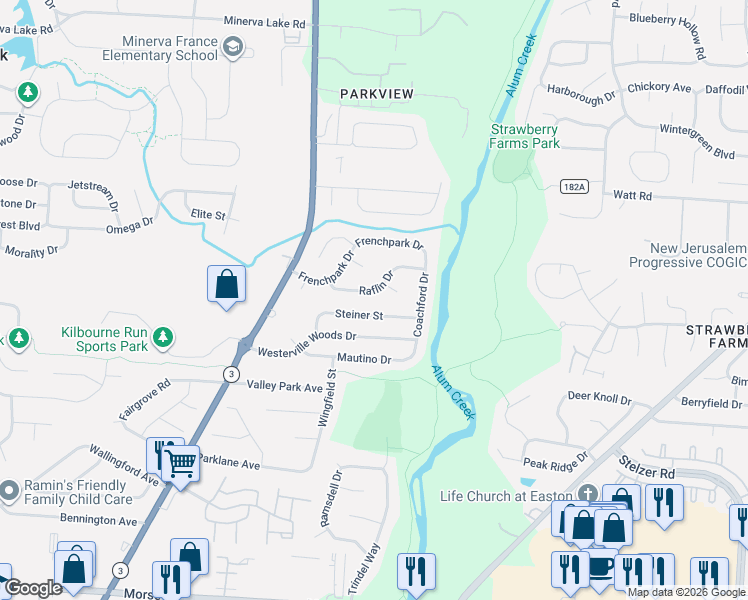 map of restaurants, bars, coffee shops, grocery stores, and more near 3512 Steiner Street in Columbus