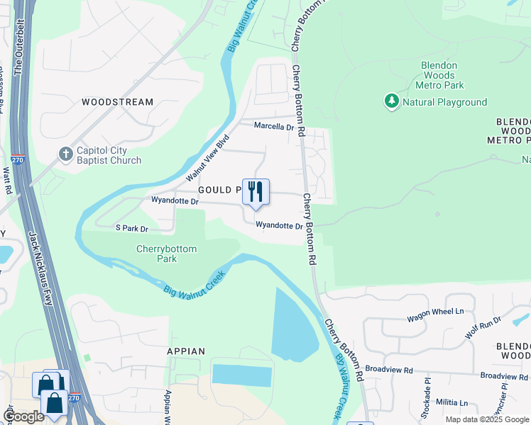 map of restaurants, bars, coffee shops, grocery stores, and more near 4660 Wyandotte Drive in Columbus