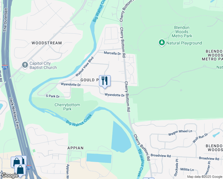 map of restaurants, bars, coffee shops, grocery stores, and more near 4660 Wyandotte Drive in Columbus