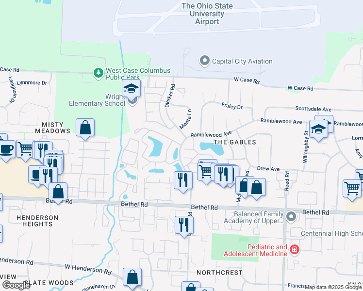 map of restaurants, bars, coffee shops, grocery stores, and more near Dierker Road & Antigua Drive in Columbus