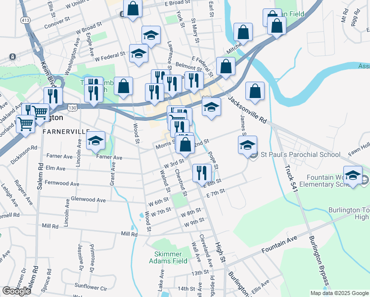 map of restaurants, bars, coffee shops, grocery stores, and more near High Street & East 2nd Street in Burlington