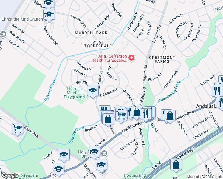 map of restaurants, bars, coffee shops, grocery stores, and more near 3642 East Crown Avenue in Philadelphia