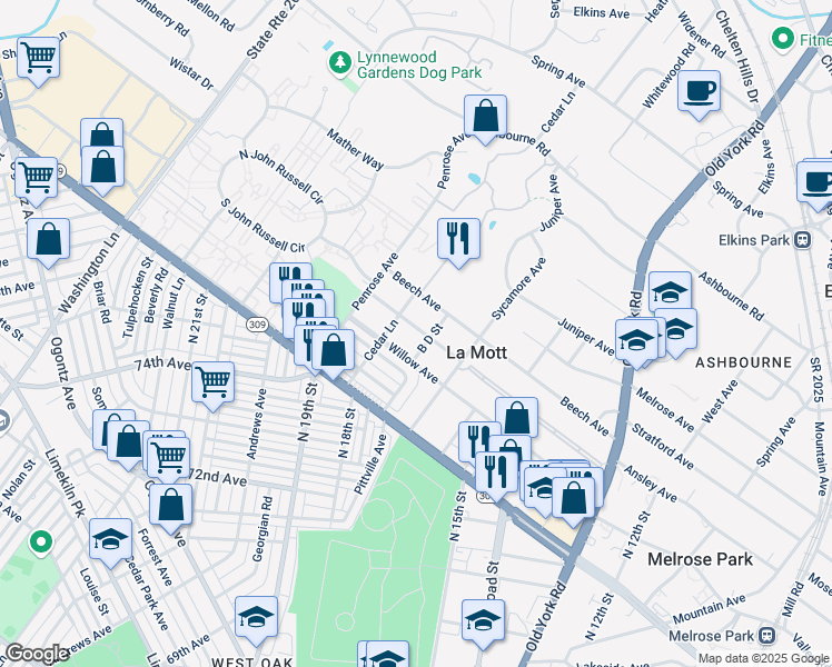 map of restaurants, bars, coffee shops, grocery stores, and more near 1806 Graham Lane in La Mott