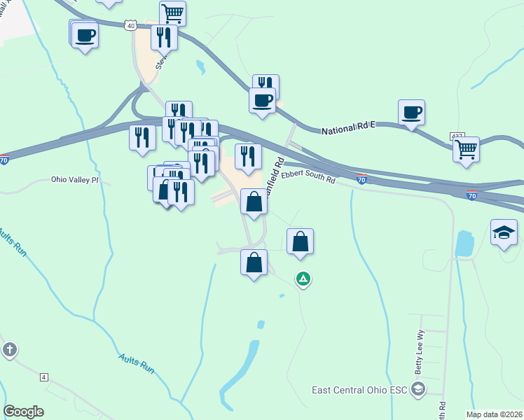 map of restaurants, bars, coffee shops, grocery stores, and more near 67778 County Road 28B in St. Clairsville