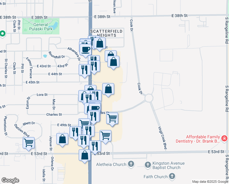 map of restaurants, bars, coffee shops, grocery stores, and more near 4544 South Scatterfield Road in Anderson