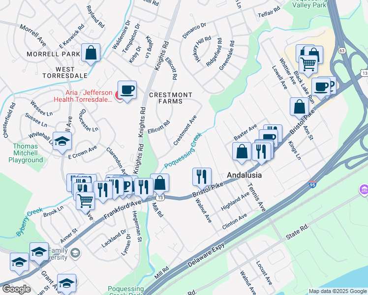 map of restaurants, bars, coffee shops, grocery stores, and more near 10815 Crestmont Avenue in Philadelphia